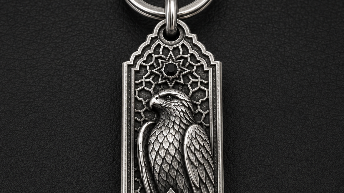 Desert Falcon Personalized Key Tag, front view beside a car key