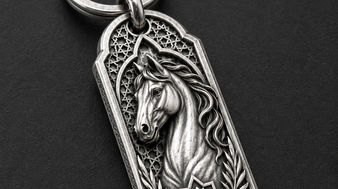 Desert Stallion Personalized Key Tag, front view beside a car key