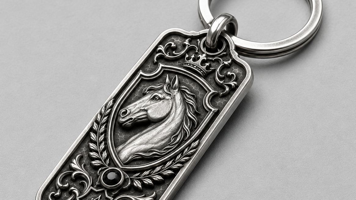 Equestrian Crest Personalized Key Tag, front view beside a car key