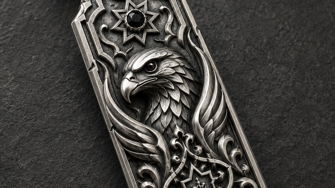 Handcrafted silver key tag, front view