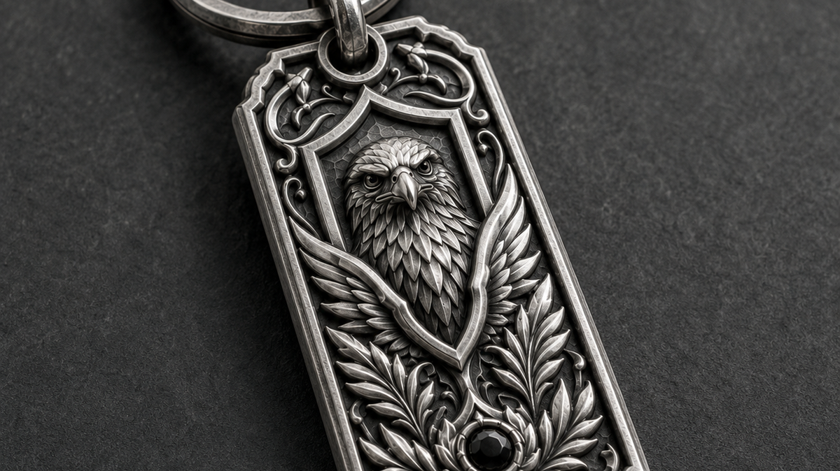 Imperial Falcon Personalized Key Tag, front view beside a car key