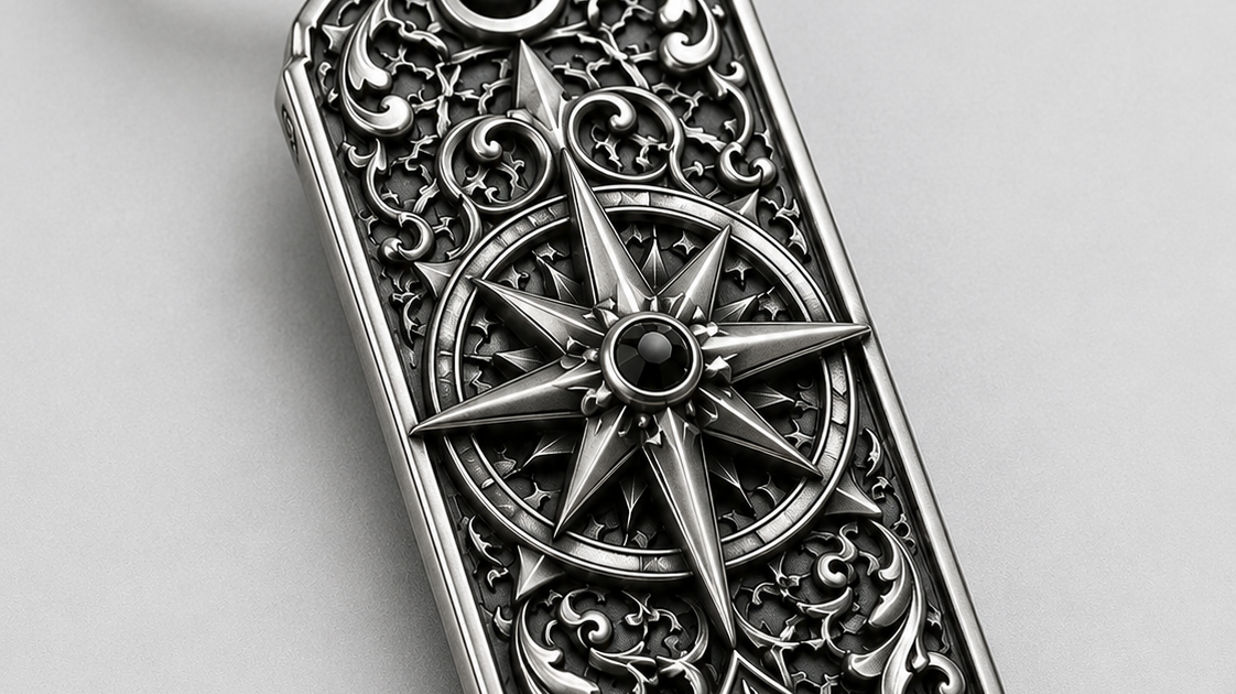 Royal Compass Personalized Key Tag, front view beside a car key