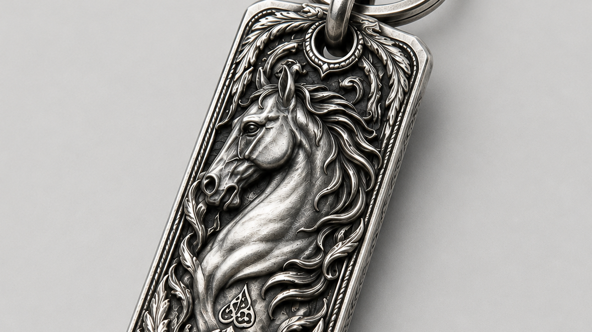 Stallion Heritage Personalized Key Tag, front view beside a car key