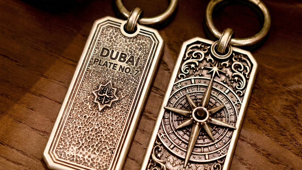 Astral Navigator Personalized Key Tag, front view beside a car key