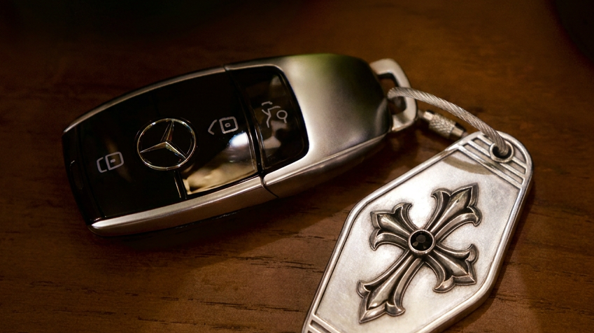 Cathedral Cross Sterling Silver Keychain, front view beside a car key
