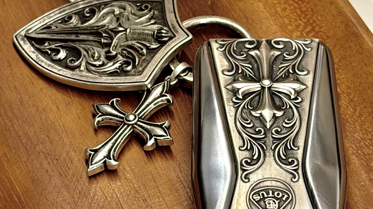 Gothic Cross 925 Silver Keychain Charm, front view beside a car key