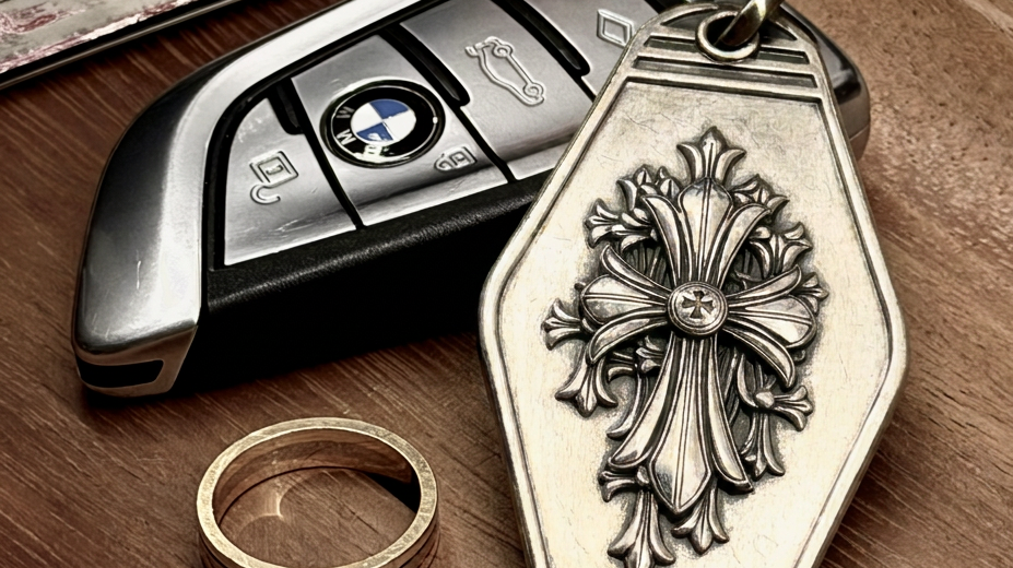 Gothic Fleur Cross Silver Keychain, front view beside a car key