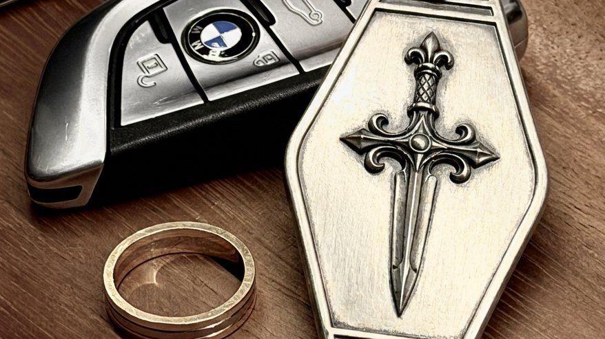Knight's Dagger Silver Keychain, front view beside a car key