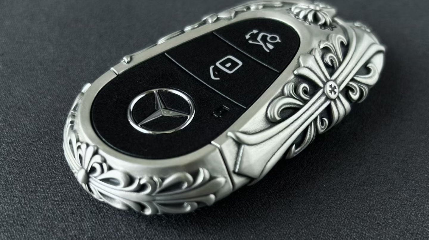 Mercedes-Benz back engraving texture showing surface character that can deepen with patina