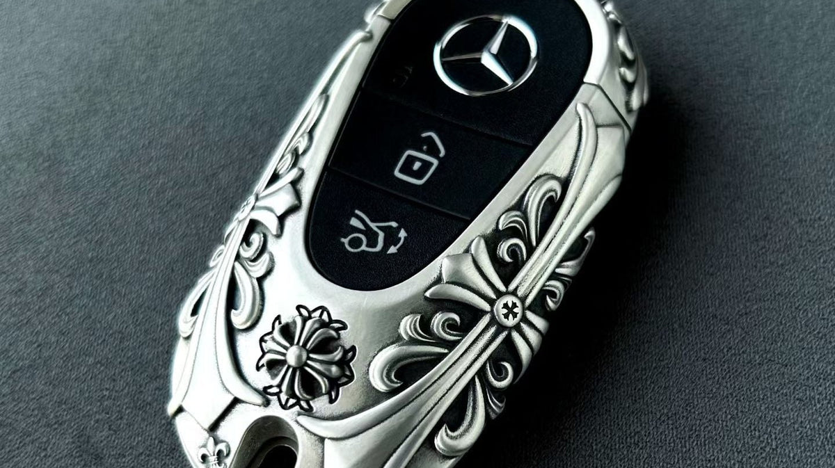 Mercedes-Benz key case front view showing the material seriousness of solid silver daily use