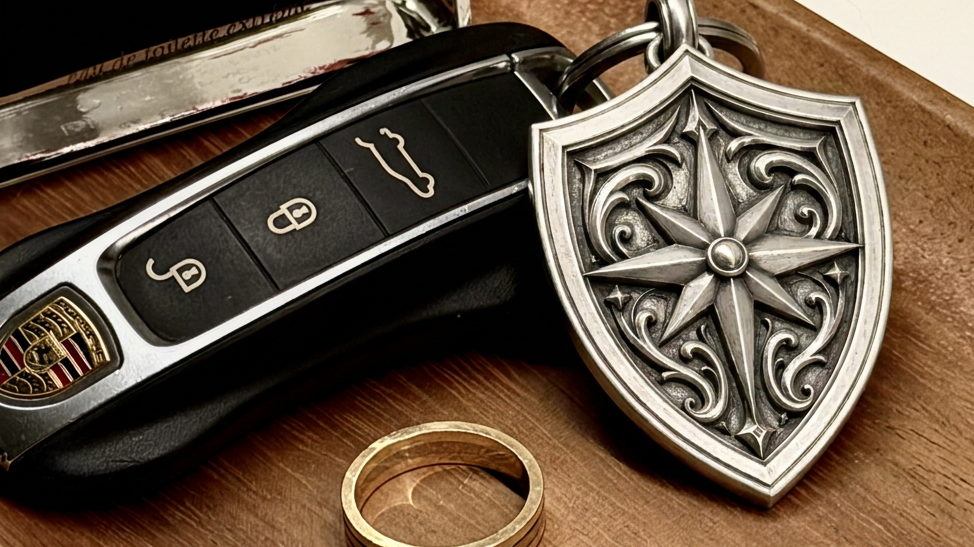 North Star Shield Silver Keychain, front view beside a car key