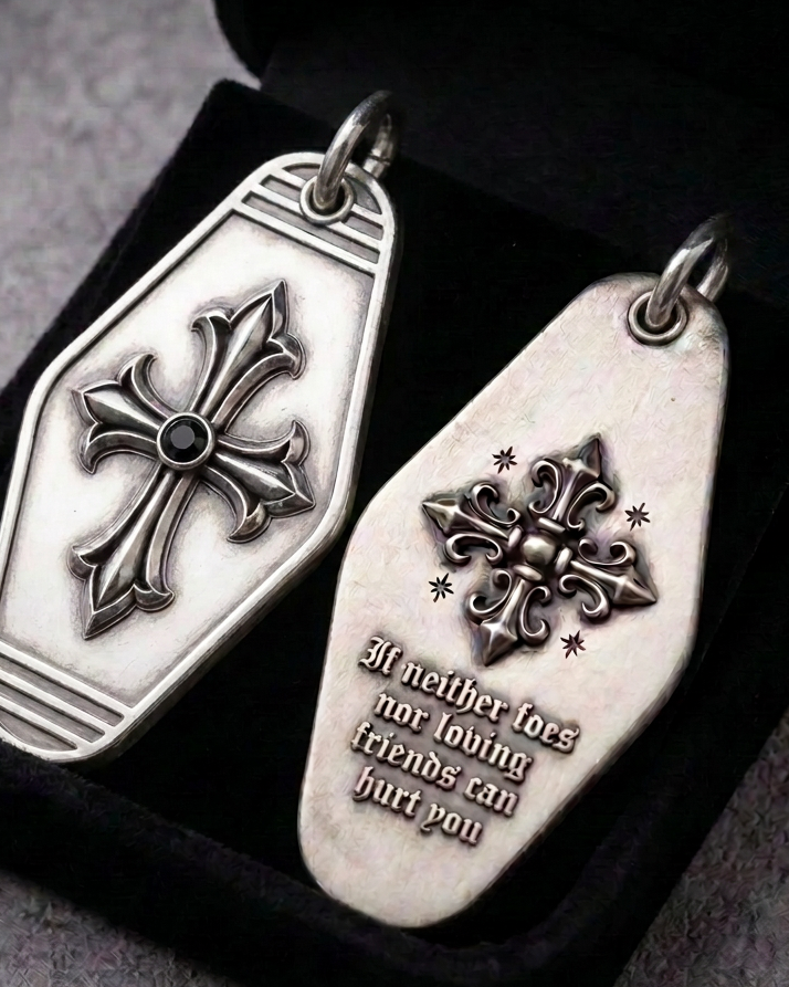 Cathedral Cross Sterling Silver Keychain, personalized back example