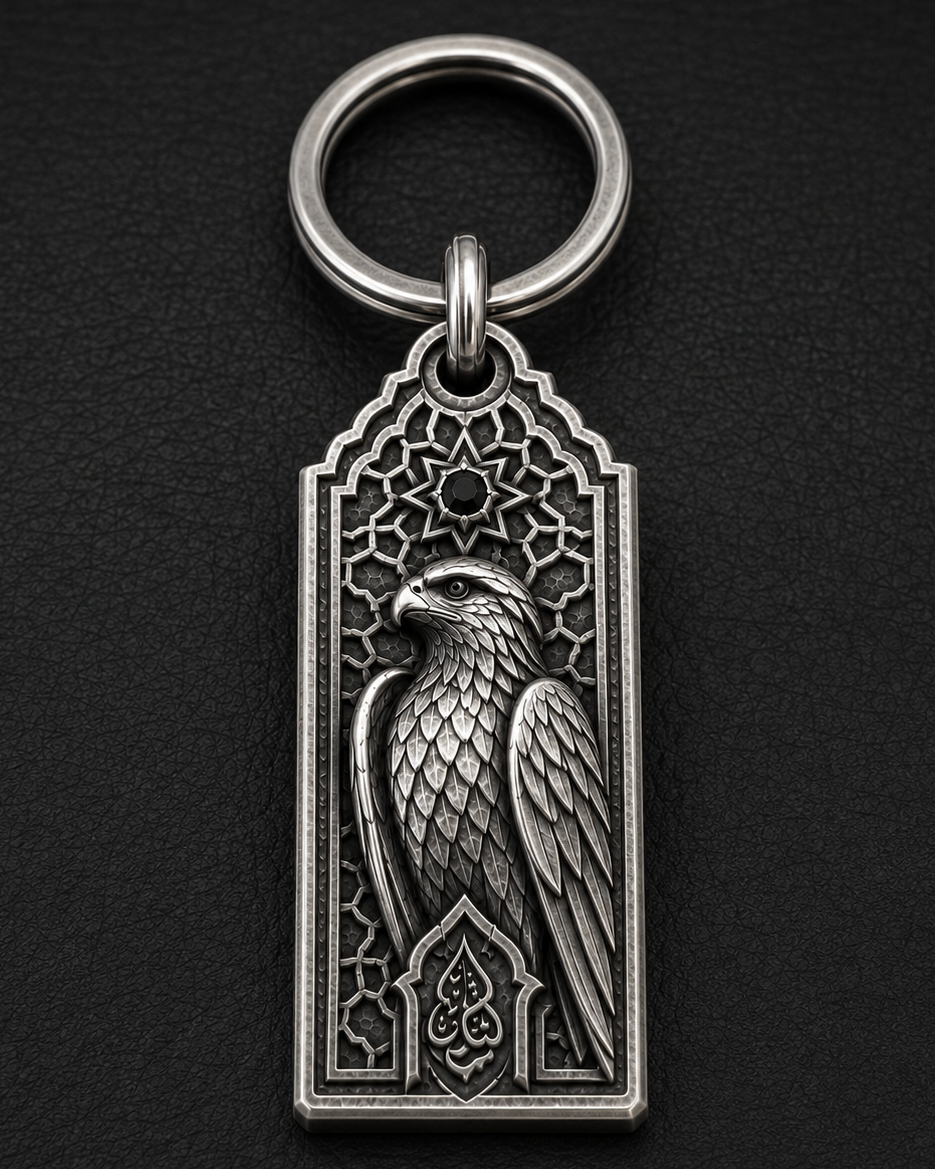 Desert Falcon Personalized Key Tag, front view beside a car key