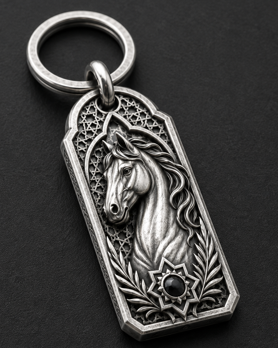Desert Stallion Personalized Key Tag, front view beside a car key
