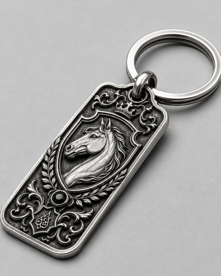 Equestrian Crest Personalized Key Tag, front view beside a car key