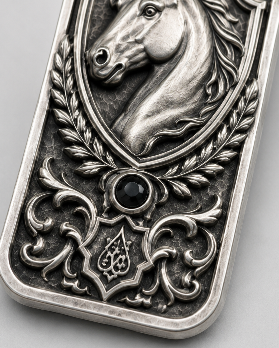 Equestrian Crest Personalized Key Tag, engraved front detail