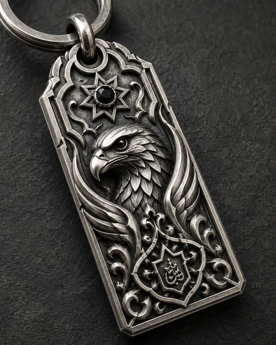 Handcrafted silver key tag, front view