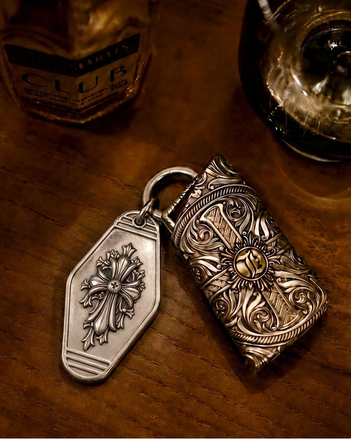 Gothic Fleur Cross Silver Keychain, personalized back example