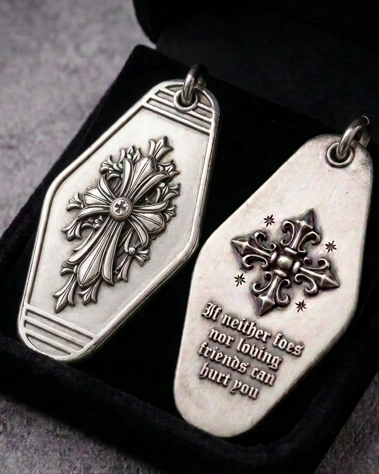 Gothic Fleur Cross Silver Keychain, front product view