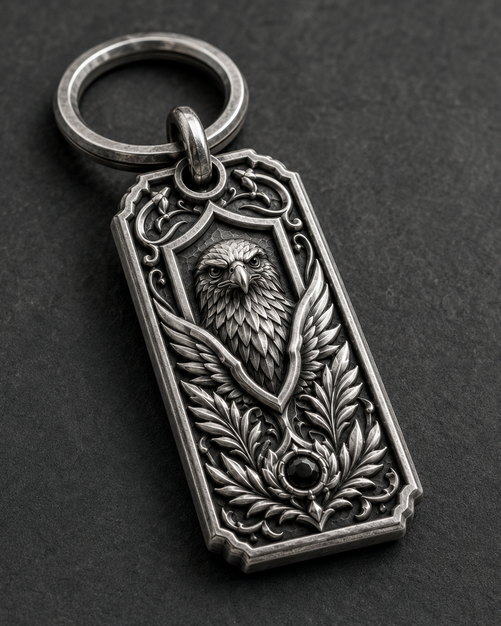 Imperial Falcon Personalized Key Tag, front view beside a car key