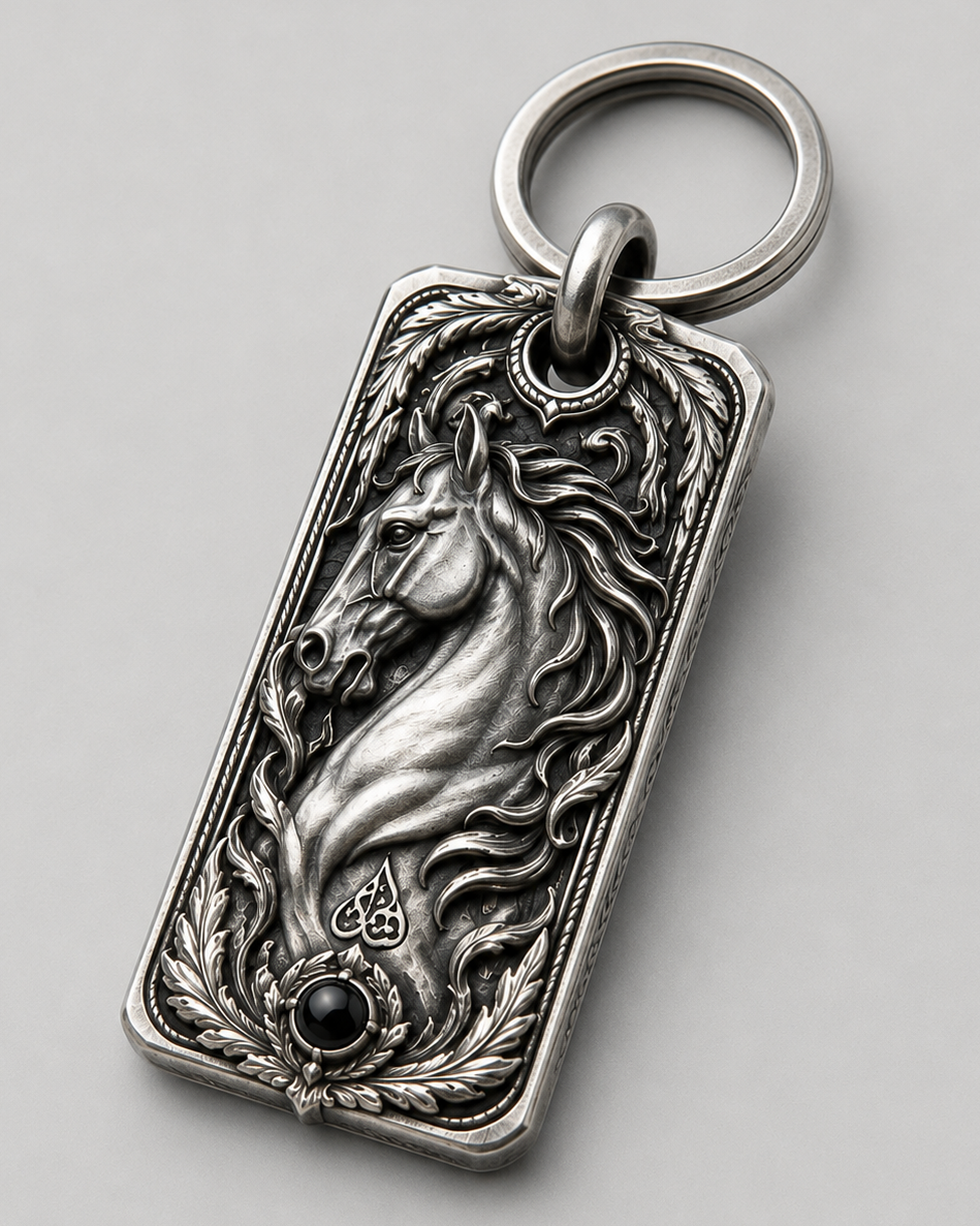 Stallion Heritage Personalized Key Tag, front view beside a car key