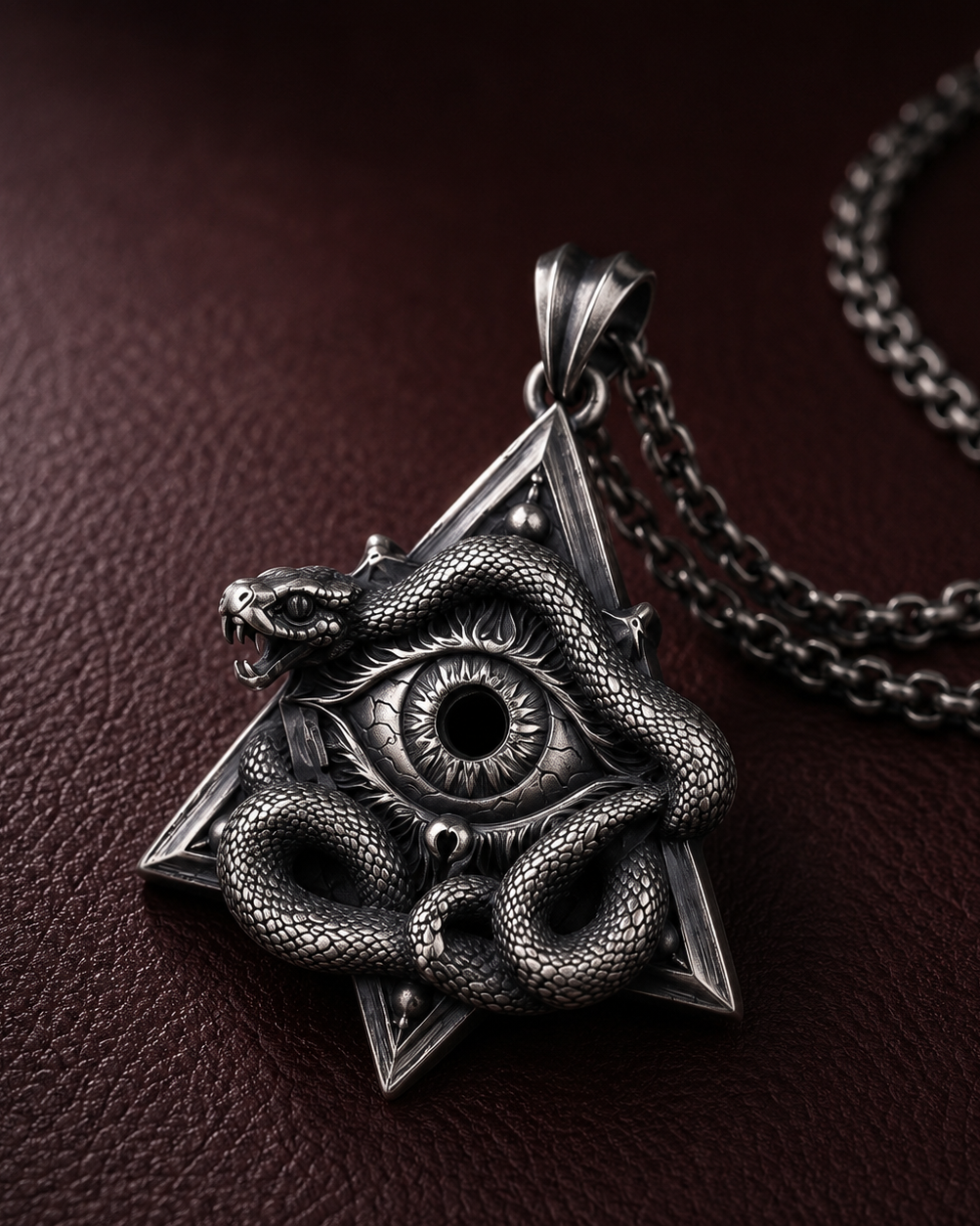 All-Seeing Eye Serpent Pendant, worn on a chain