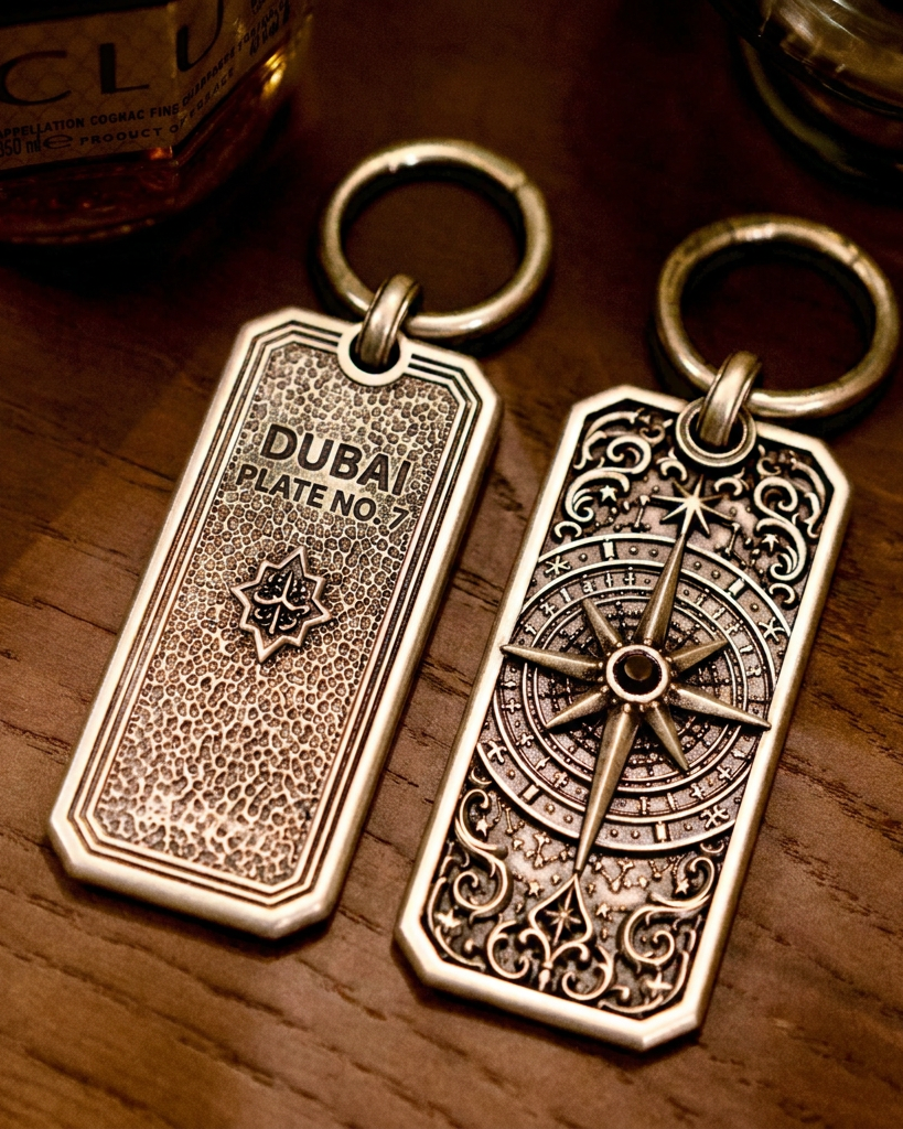 Astral Navigator Personalized Key Tag, front view beside a car key