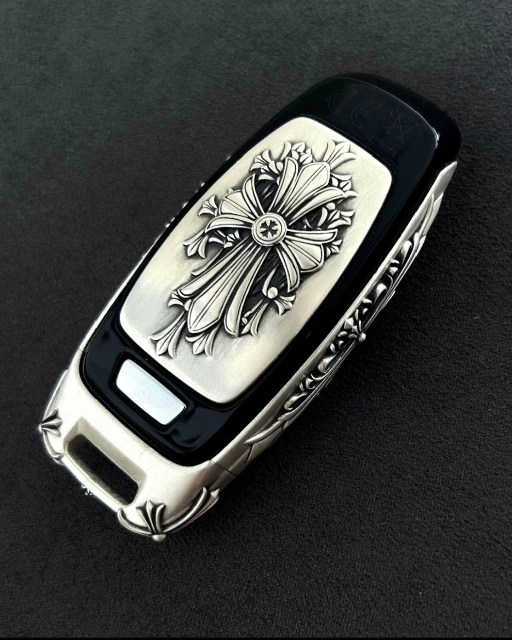 Hand-Engraved Floral Cross Pattern on Sterling Silver Audi Key Shell - Intricate Detail Work with Refined Patina Understated Luxury Craftsmanship Close-Up