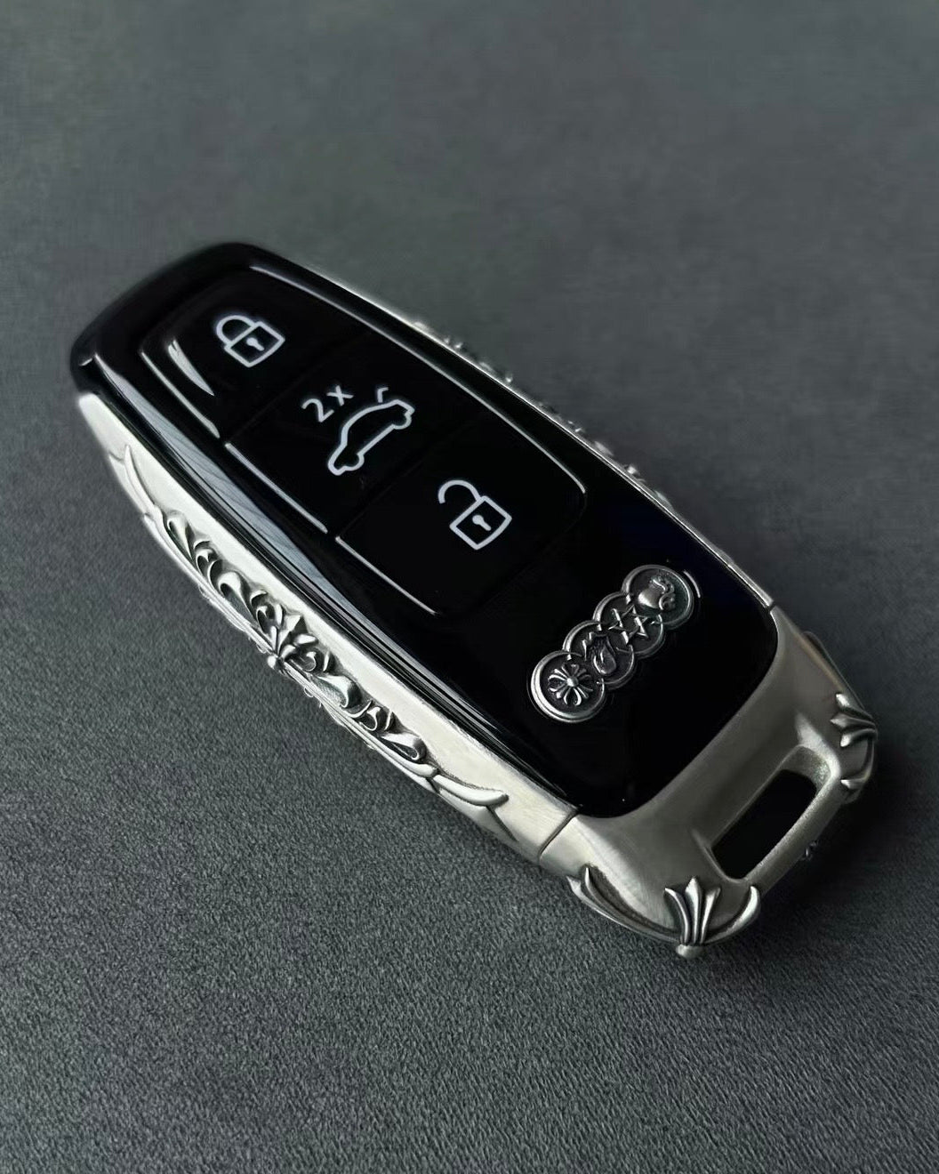 Original Audi Four-Ring Emblem Preserved on Solid Silver Key Shell - Brand Identity Maintained with Hand-Finished Silver Surround Substantial Presence