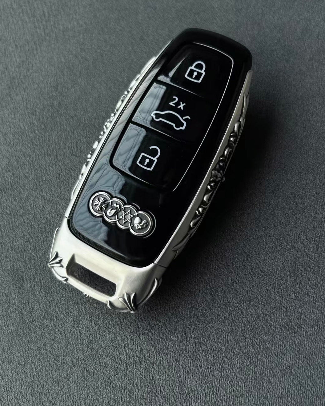 IGNIS ARGENTUM Sterling Silver Audi Key Case - Handcrafted 925 Solid Silver Cover with Floral Cross Engraving and Four-Ring Emblem Preservation for Vertical Three-Button Audi Key Fob