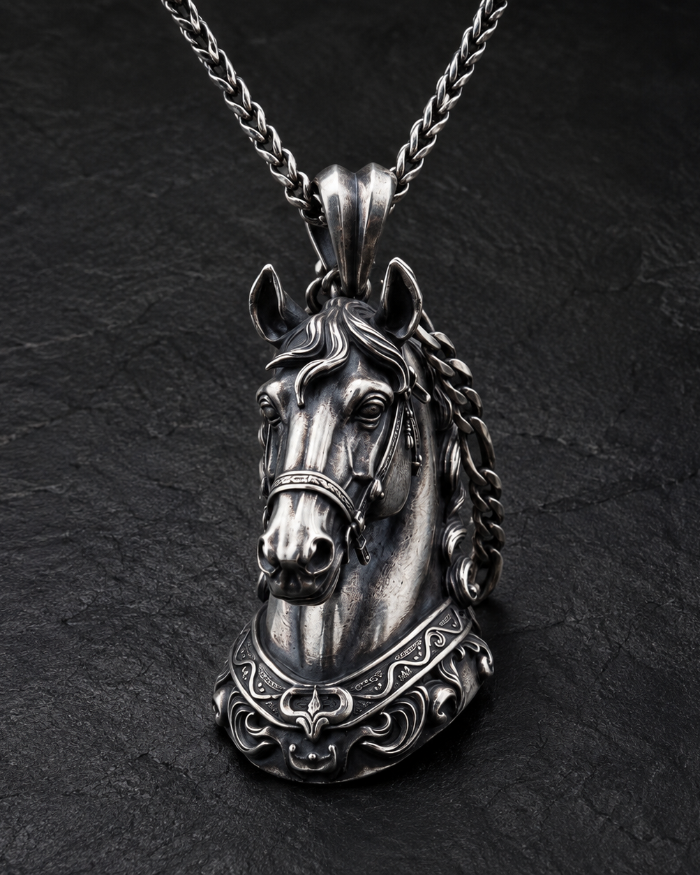 Baroque Horse Head Pendant, displayed on a dark surface