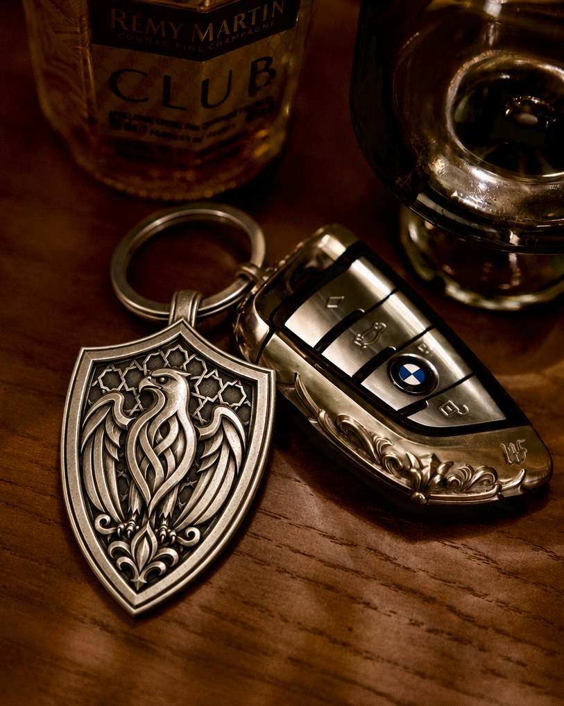 Bespoke dragon-motif key tag, grouped with coordinating key accessories