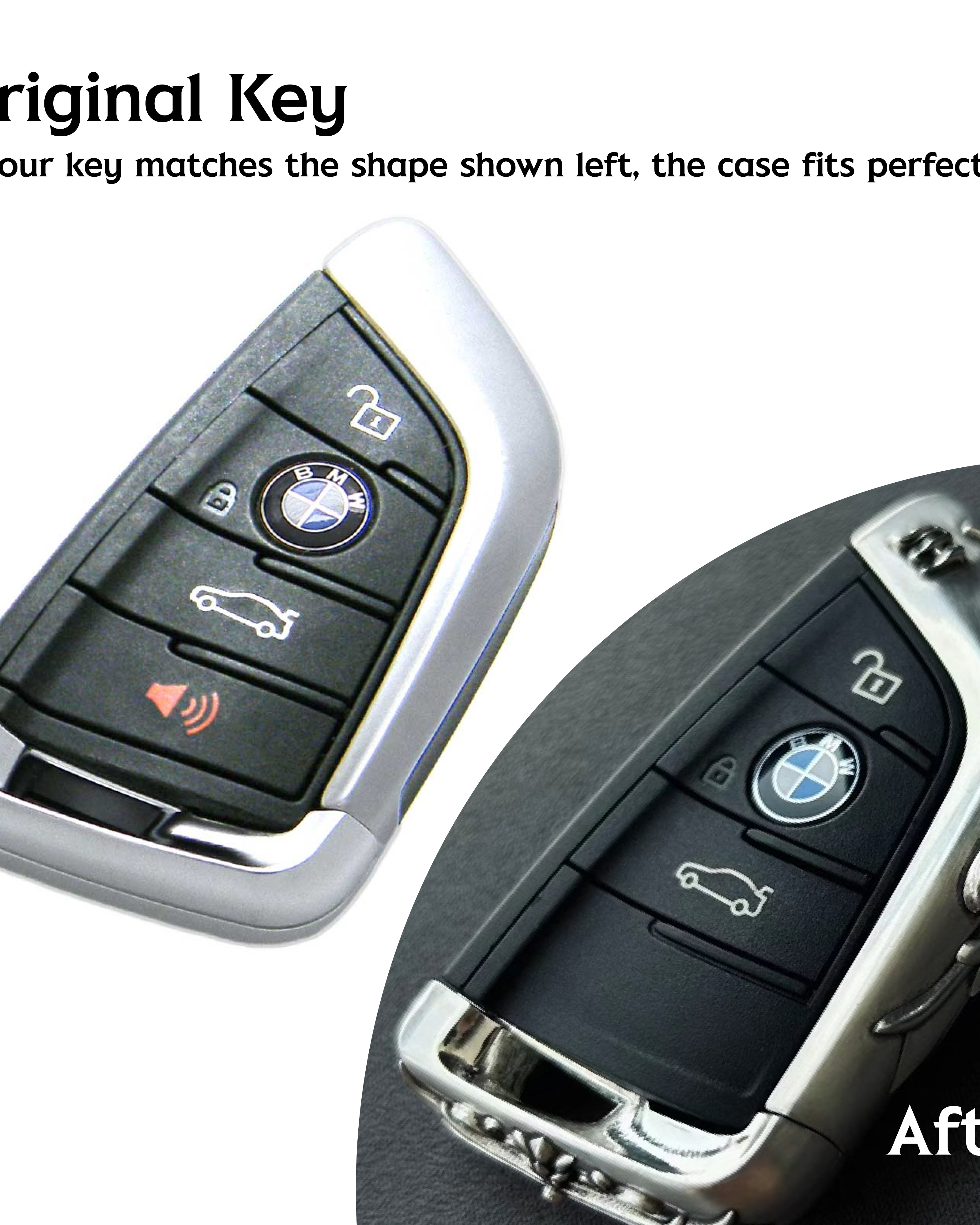 BMW key transformation before and after adding handcrafted silver case protection showing perfect fit if key shape matches original with text guide