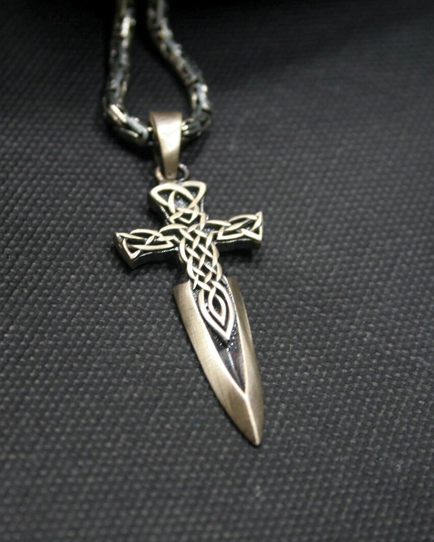 Celtic Sword Cross 925 Silver Pendant, alternate front view