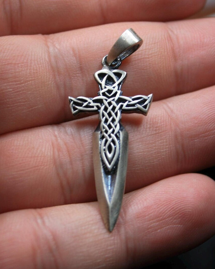 Celtic Sword Cross 925 Silver Pendant, close-up detail