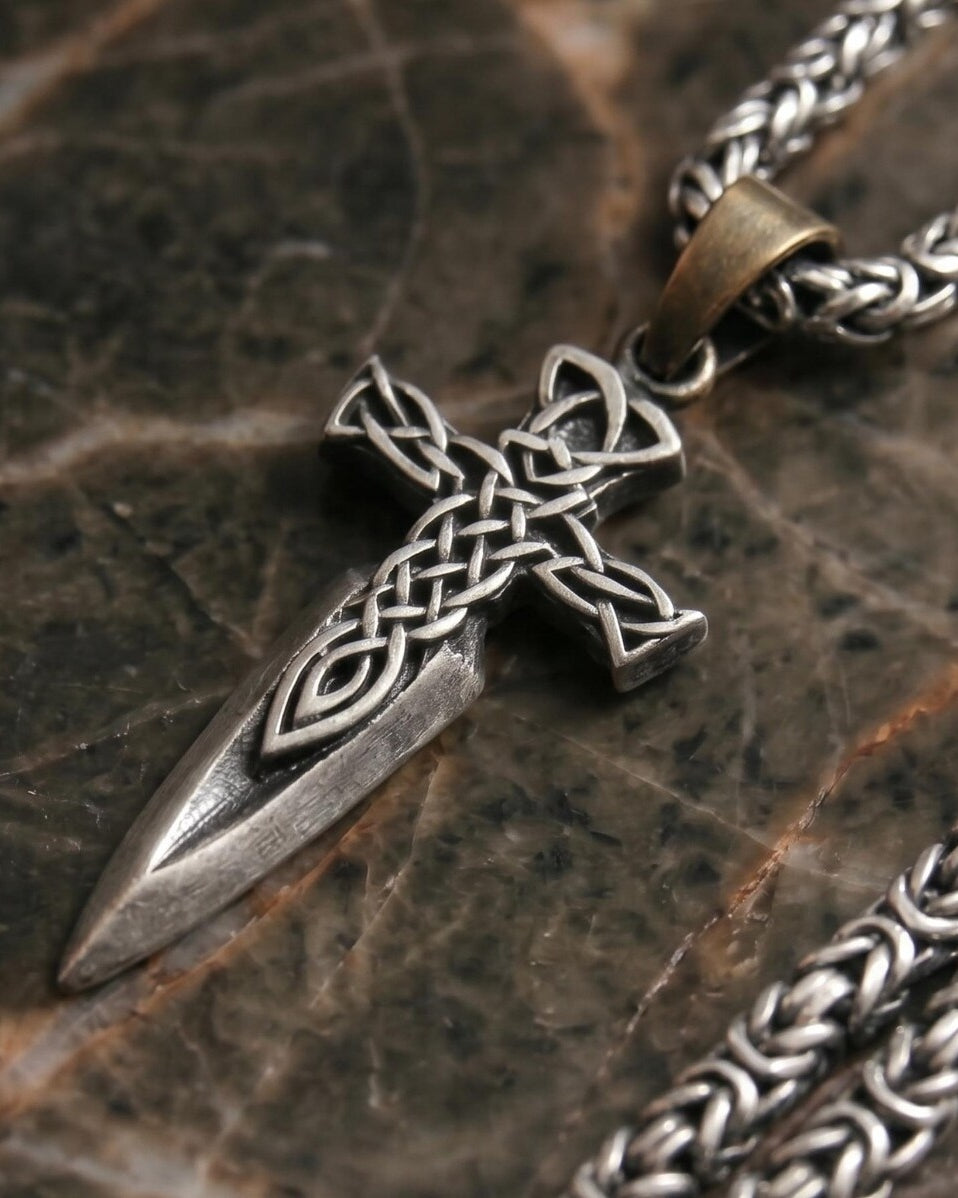 Celtic Sword Cross 925 Silver Pendant, front view