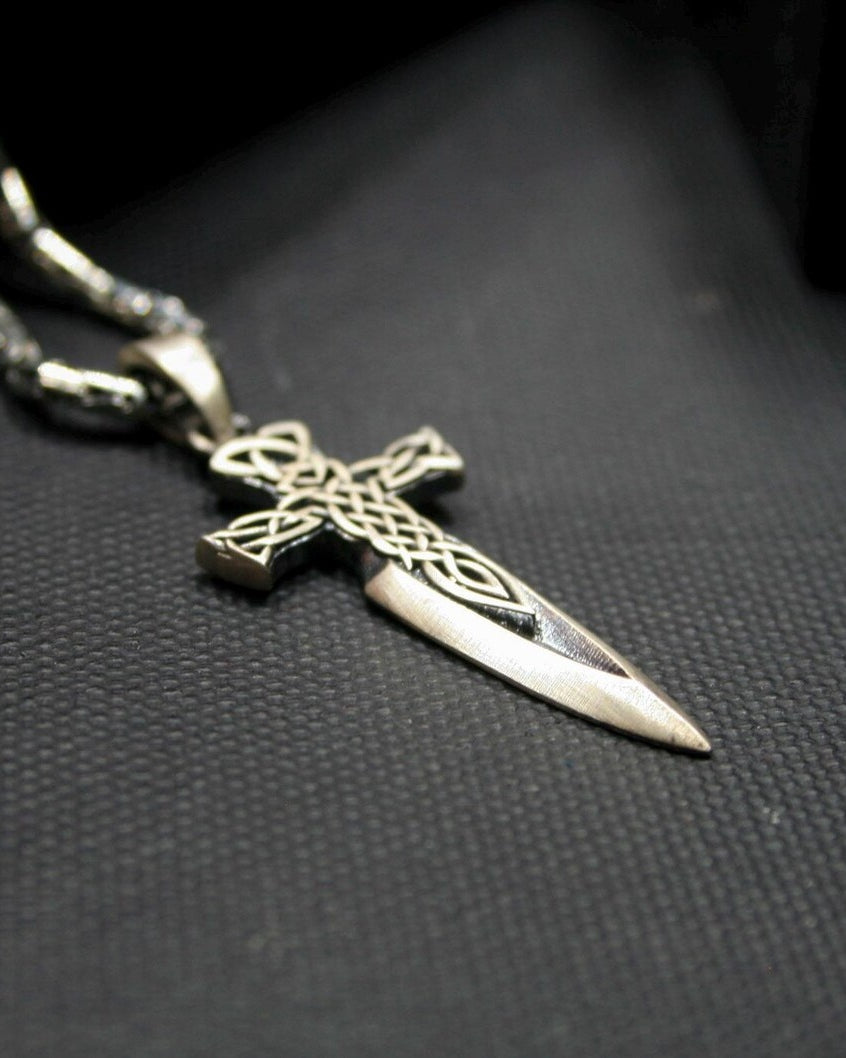 Celtic Sword Cross 925 Silver Pendant, side profile