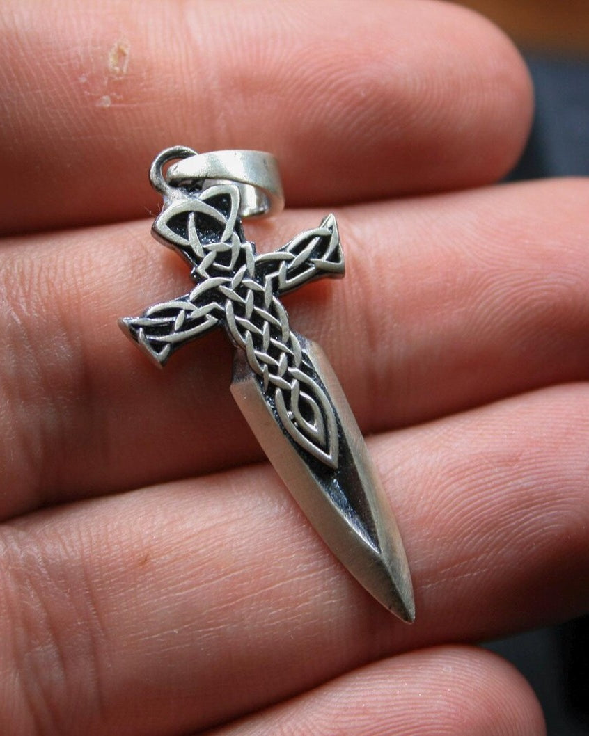 Celtic Sword Cross 925 Silver Pendant, worn on a chain