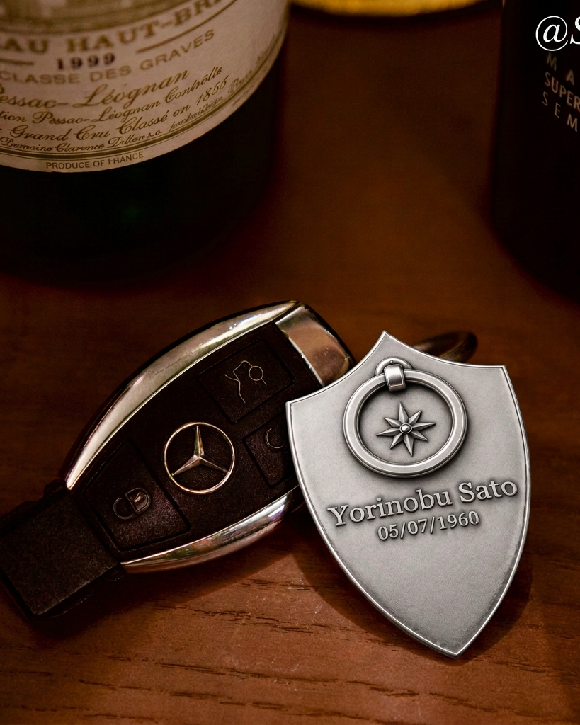 Custom engraved shield keychain paired with a Mercedes-Benz key