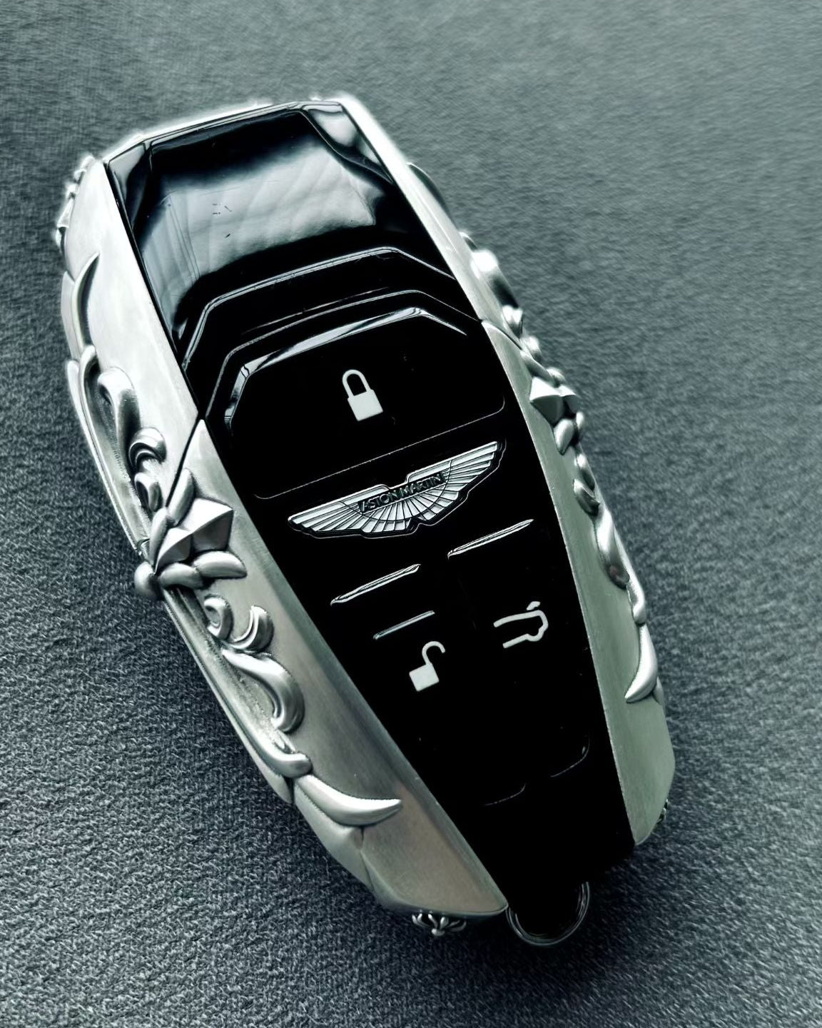 Functional button layout on 925 Sterling Silver custom key case, ensuring unimpeded operation with ornate scrollwork detail visible on sides