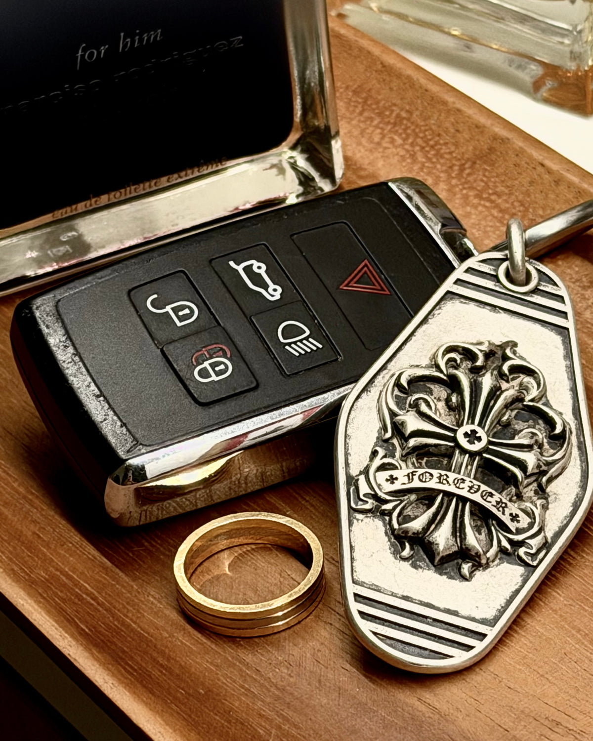 Fleur-de-Lis Crest Silver Keychain, grouped with coordinating accessories