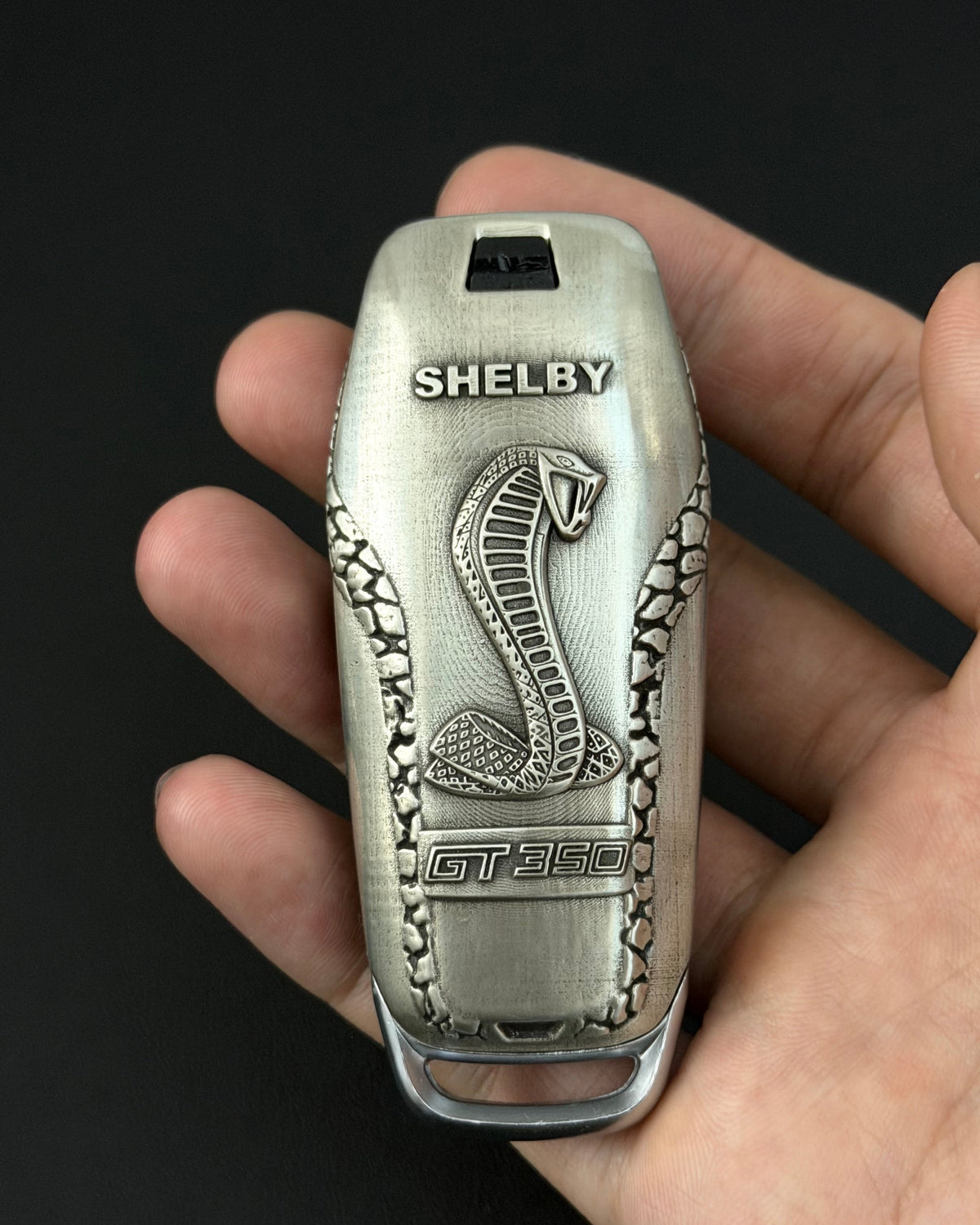 Ford Mustang Shelby GT350 Silver Key Case, front three-quarter view