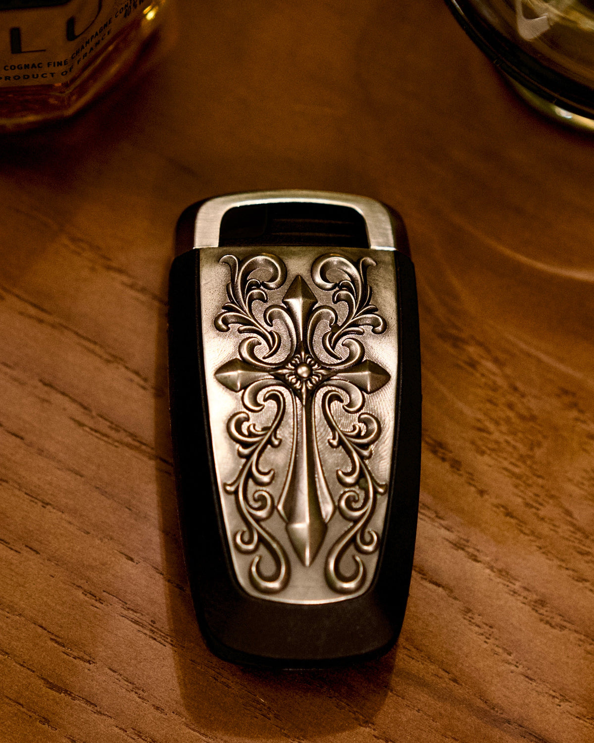 Ford Mustang Silver Key Case, back three-quarter view