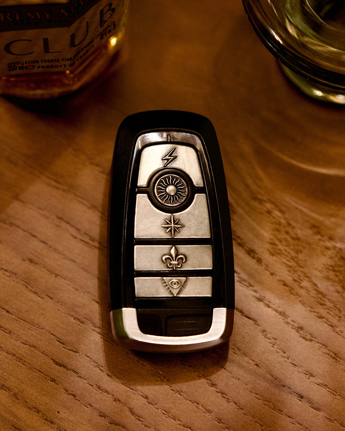 Ford Mustang Silver Key Case, front three-quarter view