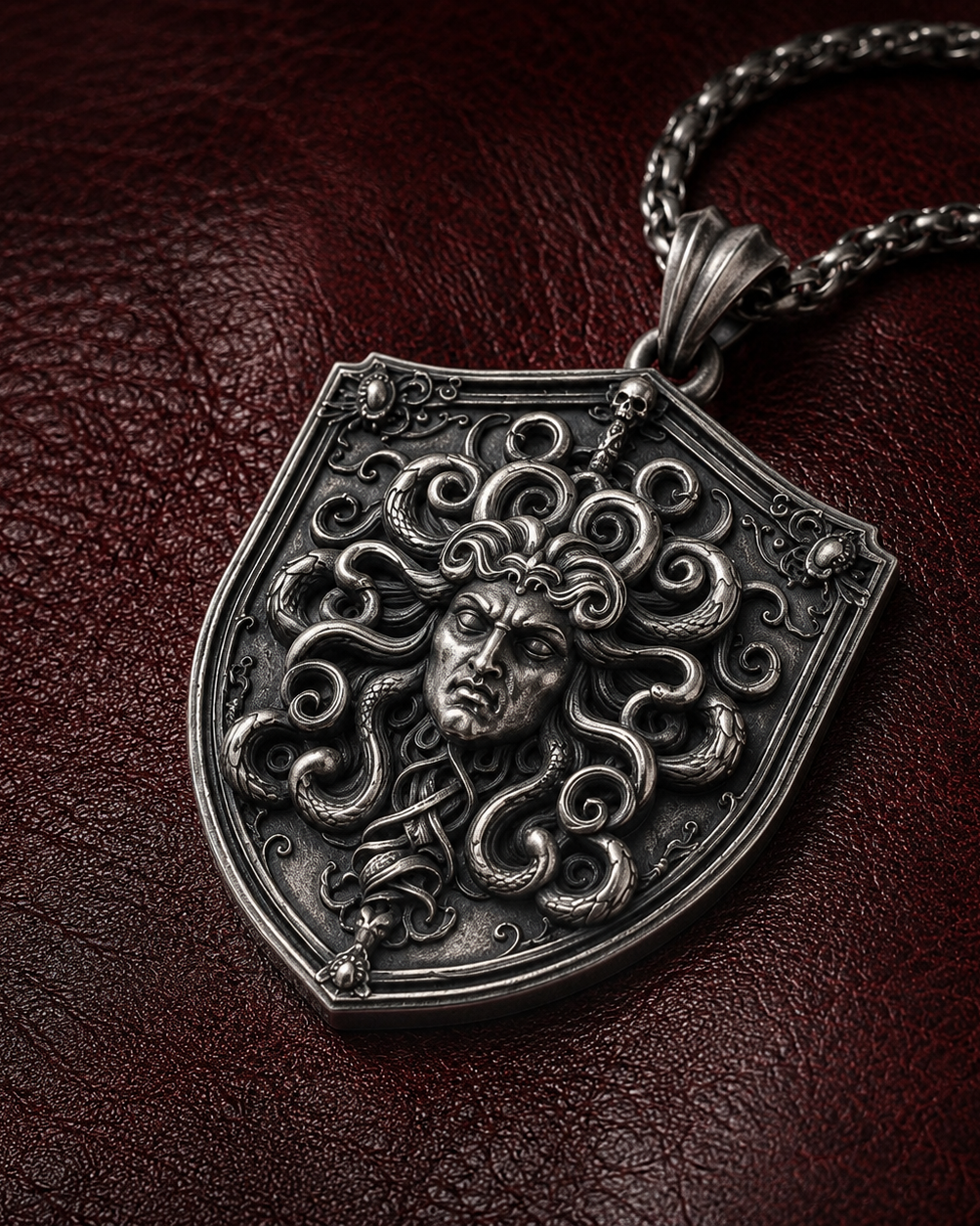 Gorgon's Shield Medusa Pendant, displayed on a dark surface