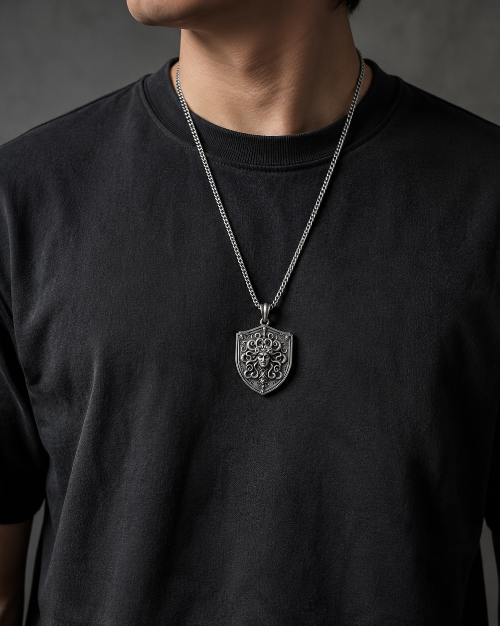 Gorgon's Shield Medusa Pendant, worn on a chain