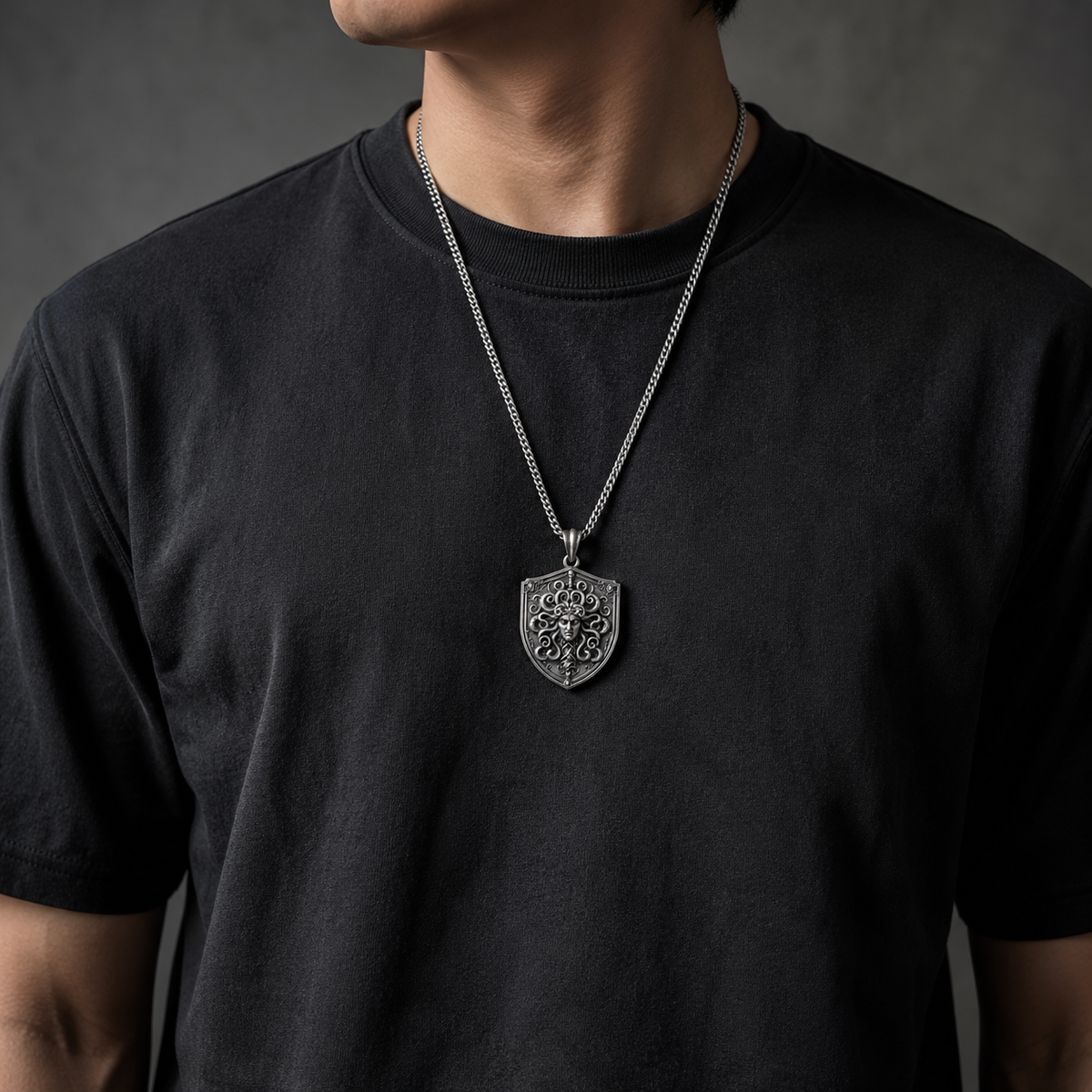 Gorgon's Shield Medusa Pendant, worn on a chain