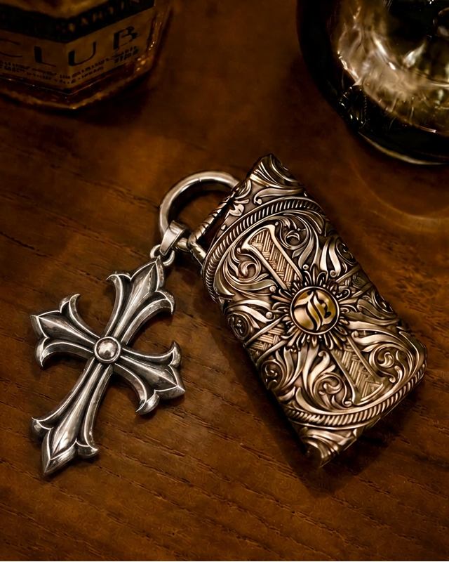 Gothic Cross 925 Silver Keychain Charm, engraved front detail