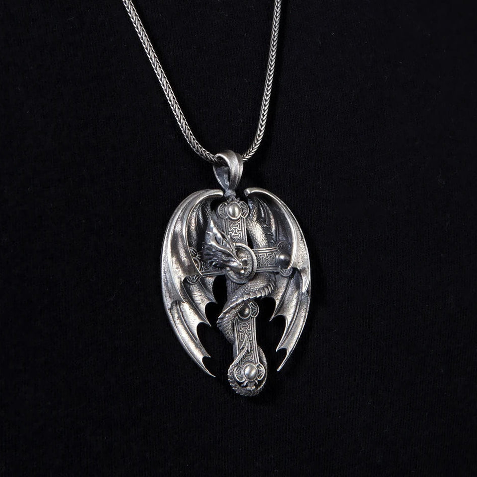 Gothic Dragon Cross 925 Silver Necklace, alternate car-key pairing