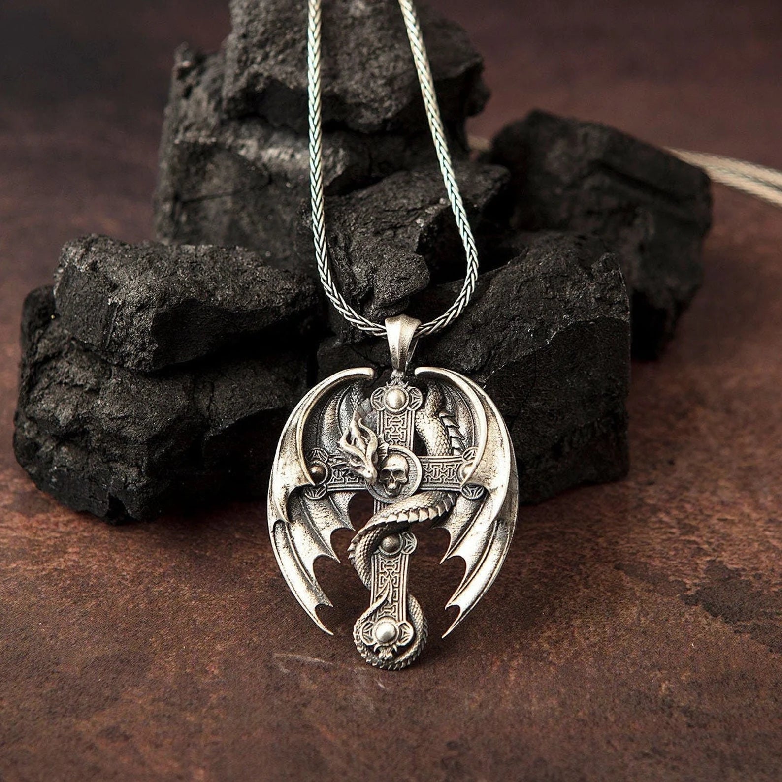 Gothic Dragon Cross 925 Silver Necklace, front view beside a car key